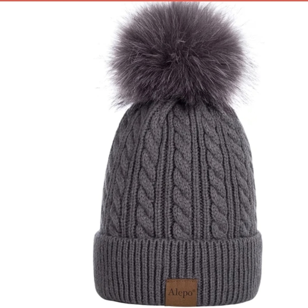 Alepo Knited Fleece Lined Beanie Hat With Pom Pom Dark Grey